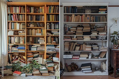 A cluttered and an organized bookshelf side by side, representing the contrast between chaos and order. photo