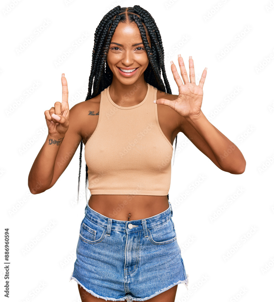 Beautiful hispanic woman wearing casual clothes showing and pointing up with fingers number six while smiling confident and happy. Beautiful hispanic woman wearing casual clothes showing and pointing up with fingers number six while smiling confident and happy.