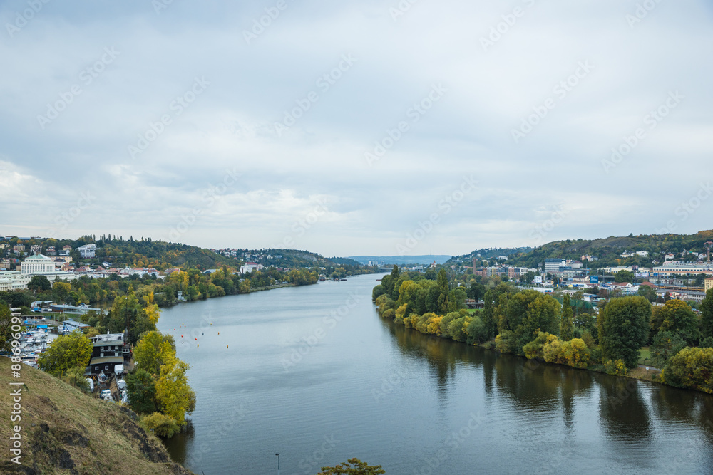 Fototapeta premium Overlooking the city landscape of Vyšehrad Cemetery Park, Prague, Czech Republic