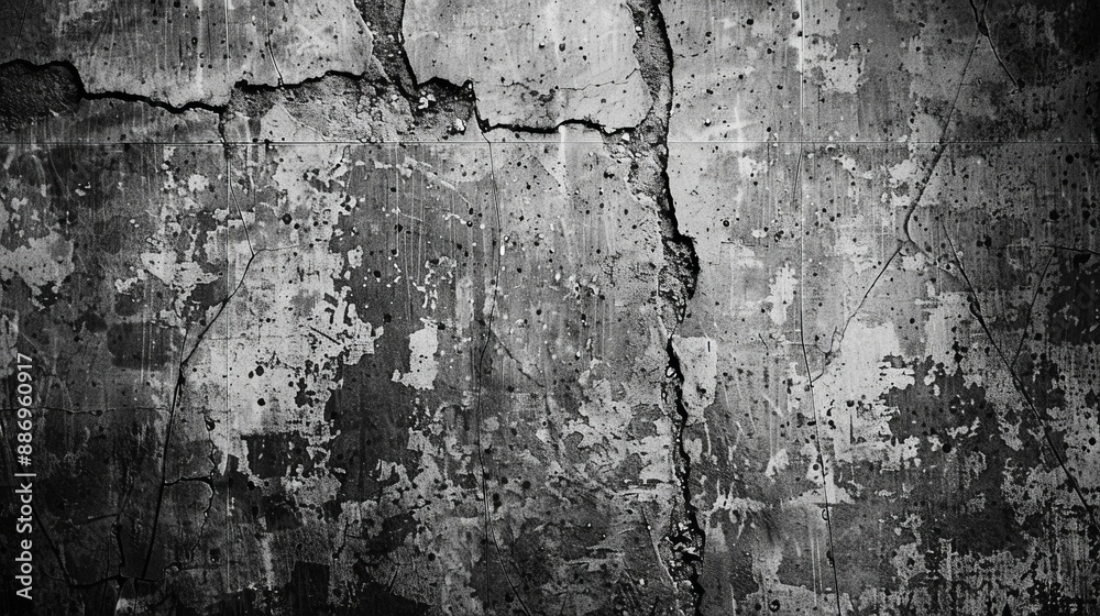 Obraz premium A dark monochrome image of a wall with evident cracks and grunge texture, portraying a moody, worn-out visual suitable for dramatic and artistic projects.