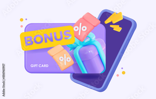 Bonus online. Smartphone with a virtual cashback card and coupons for shopping in an online store. It can also be used as a certificate and voucher. Vector 3D illustration.