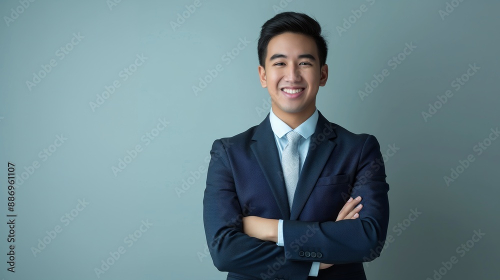 Confident Young Southeast Asian Businessman Smiling in Professional Suit for Corporate Presentation Confident Young Southeast Asian Businessman Smiling in Professional Suit for Corporate Presentation