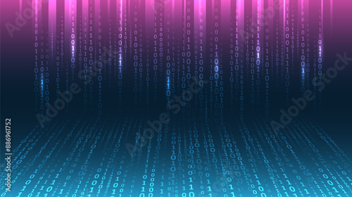 Program code. Computer background of numbers. Flying data illustration. Analytics, sorting, structuring, transferring information. Blue background with data flow. Binary code, artificial intelligence.