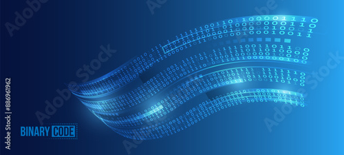 Binary code, artificial intelligence. Program code. Computer background of numbers. Flying data illustration. Analytics, sorting, structuring, transferring information. Blue background with data flow.