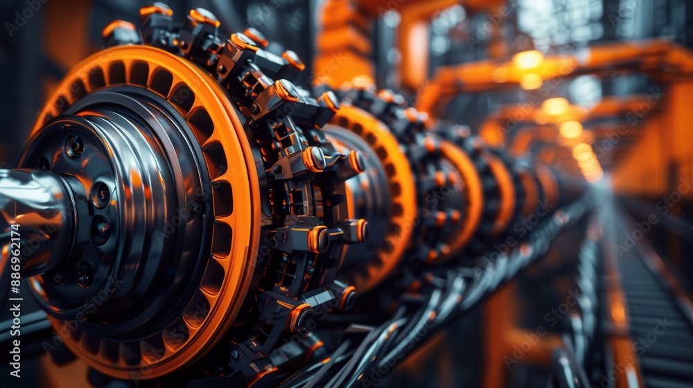 Fototapeta premium Close-up of industrial machinery with gears in a factory setting, highlighting engineering precision and technological advancement.