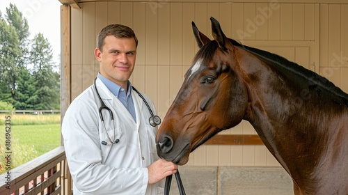 A young veterinarian with a stethoscope around his neck smiles at the camera while standing in a stable with a horse