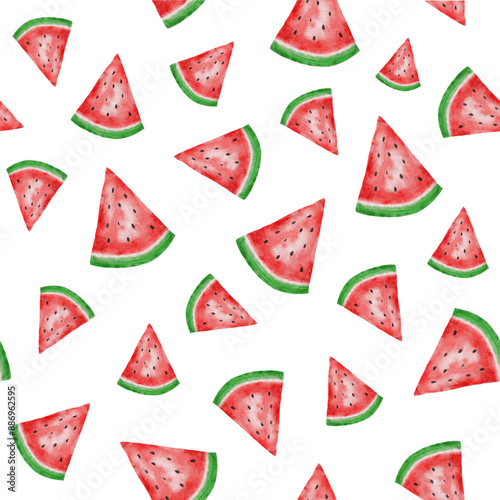 Seamless pattern of watery watermelon triangle slice in watercolor style. Seamless continuous pattern for fabric or paper.