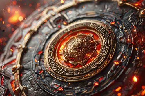 Wallpaper Mural Close-up of an ornate, fiery shield with intricate designs and glowing embers, symbolizing strength and ancient mythology. Torontodigital.ca