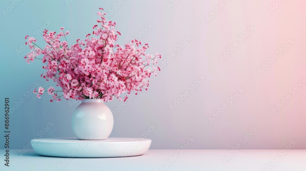  A white vase, brimming with pink blossoms, rests atop a pristine white table Nearby, a blue-pink wall provides a striking backdrop