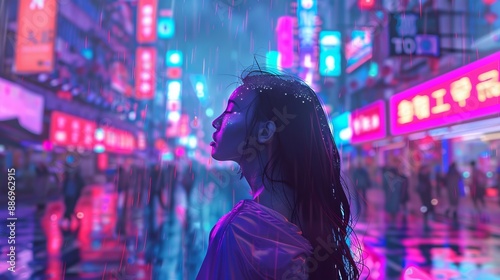 A person stands in a neon-lit, futuristic city street at night, surrounded by glowing signs and reflected lights on the wet ground, showcasing urban nightlife.