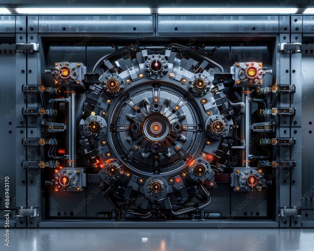 Futuristic vault door with intricate machinery and glowing lights, representing advanced security technology and engineering marvel. Futuristic vault door with intricate machinery and glowing lights, representing advanced security technology and engineering marvel.