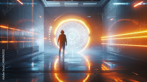 person stepping into a sleek, modern time machine with a glowing portal photo