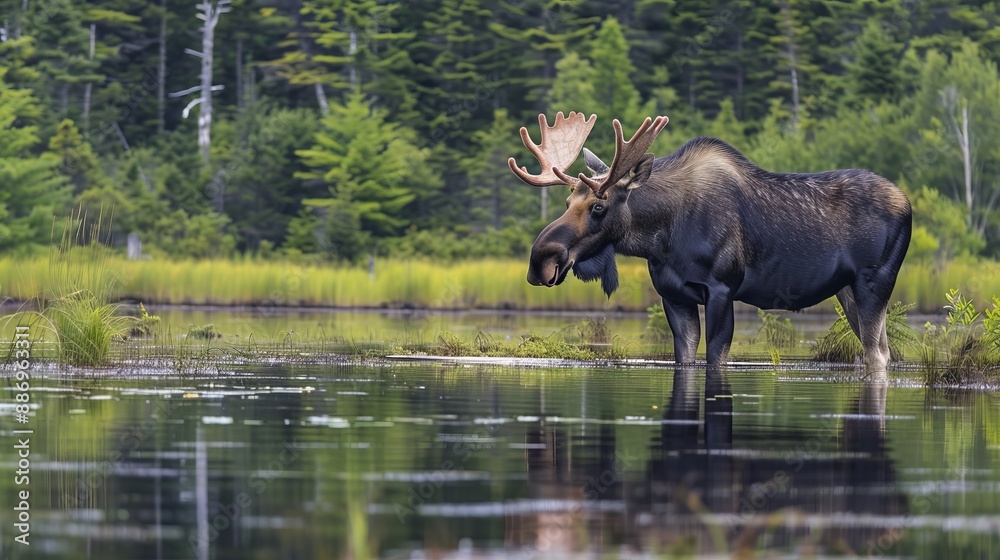 Fototapeta premium A majestic moose stands serene in a tranquil water body with a lush green forest backdrop, capturing the essence of wildlife's harmony with nature in a pristine landscape.