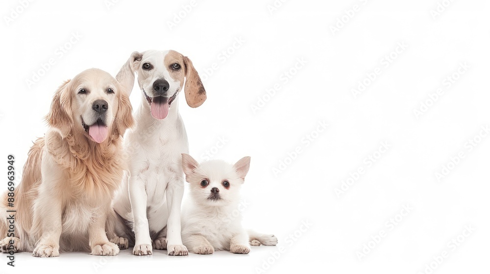 Three kittens and a puppy pose together with a budgie on a white background. Three kittens and a puppy pose together with a budgie on a white background.