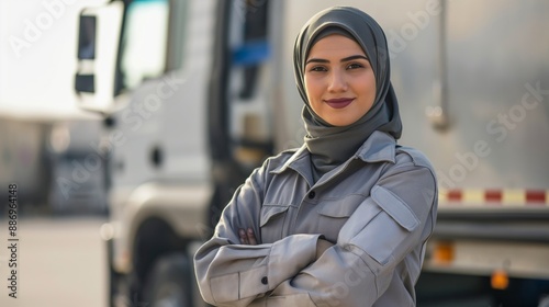 Confident Arab Woman in Hijab Standing with Arms Crossed in Front of Trucks, Emphasizing Strength and Professionalism