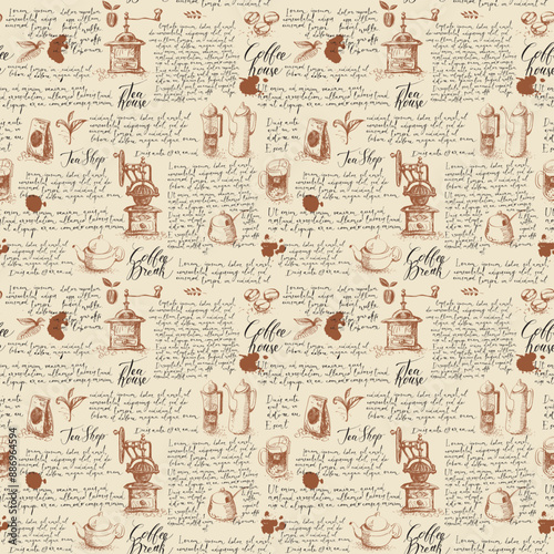 Vector seamless pattern on tea and coffee theme. Hand-drawn background with kitchen items, blobs and handwritten lorem ipsum text on old paper. Suitable for retro wallpaper, wrapping paper, fabric