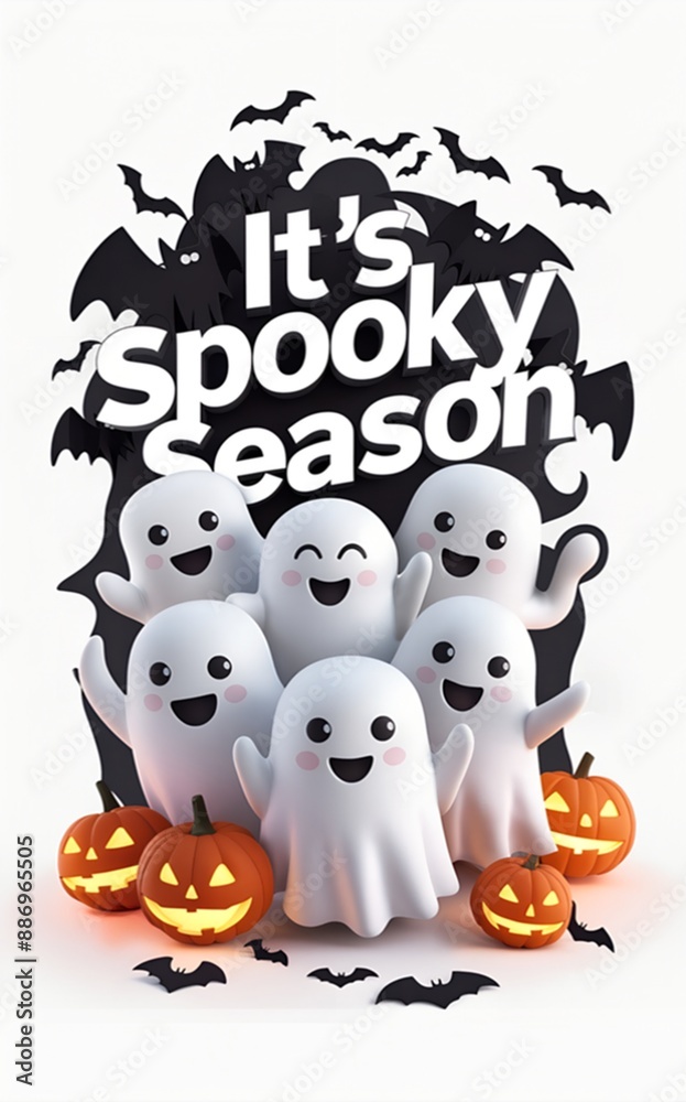 A delightful and whimsical 3D illustration featuring adorable ghosts smiling and waving their arms surrounded by bats and pumpkins with the text A delightful and whimsical 3D illustration featuring adorable ghosts smiling and waving their arms surrounded by bats and pumpkins with the text