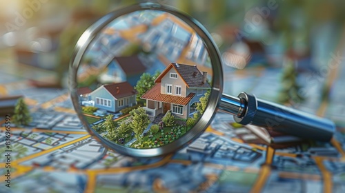 Magnifying glass over a map highlighting a house, symbolizing the search for a new home and the journey of purchasing real estate.