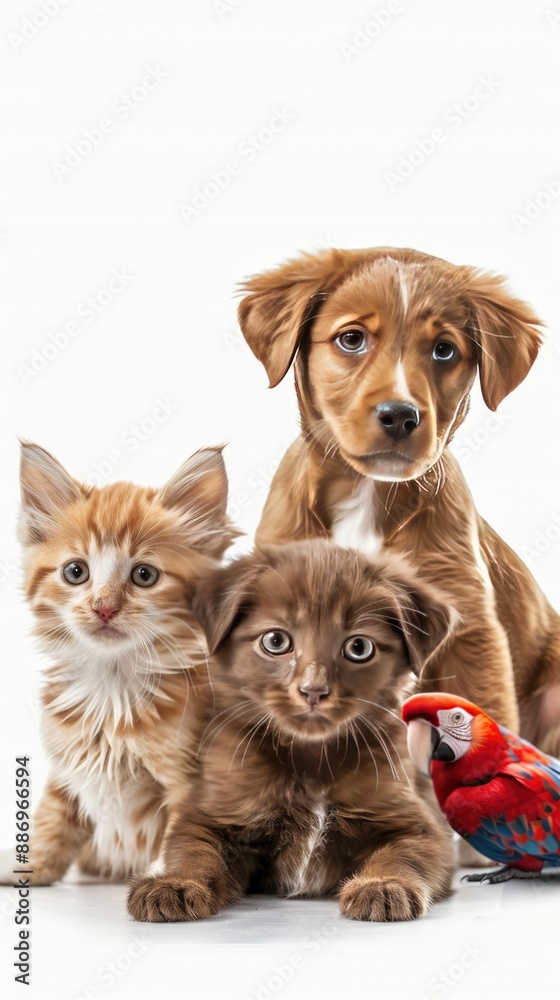 Three kittens and a puppy pose together with a budgie on a white background Three kittens and a puppy pose together with a budgie on a white background