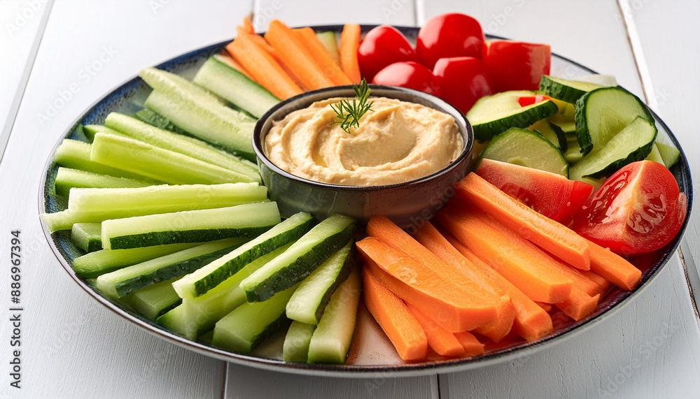 Assortment of fresh vegetables served with a creamy dip. Close up vegetable crudites with hummus Assortment of fresh vegetables served with a creamy dip. Close up vegetable crudites with hummus