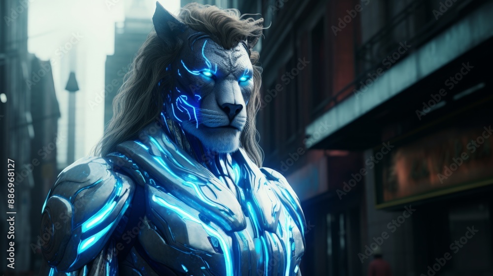 A superhero with a lion's head stares determinedly at the viewer A superhero with a lion's head stares determinedly at the viewer