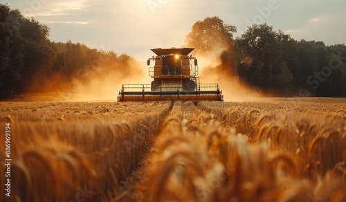 A harvester working in a golden wheat field at sunset capturing the essence of agriculture