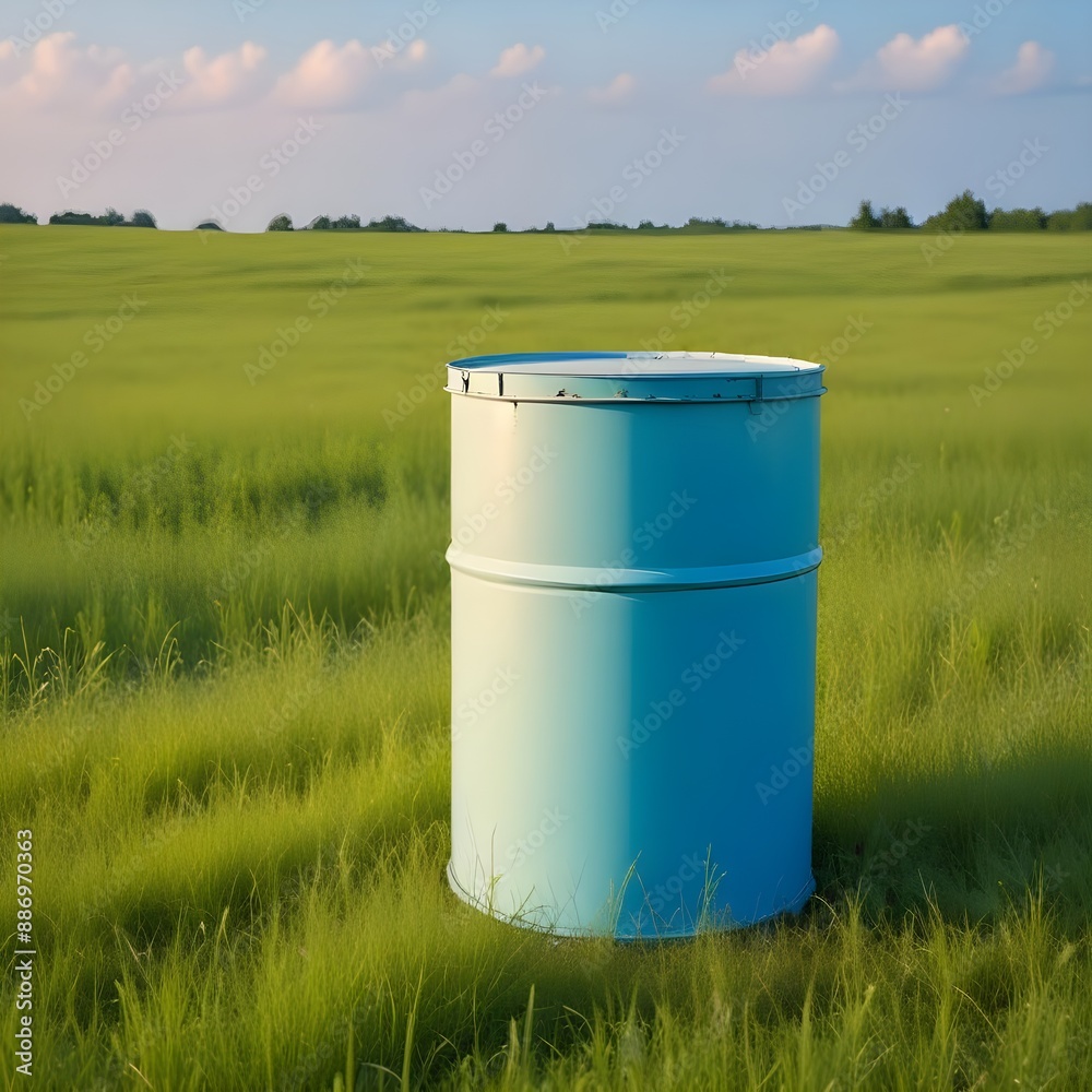 An azure, cylindrical oil drum or storage container with a capped lid, standing alone in the middle of a grassy meadow or field An azure, cylindrical oil drum or storage container with a capped lid, standing alone in the middle of a grassy meadow or field