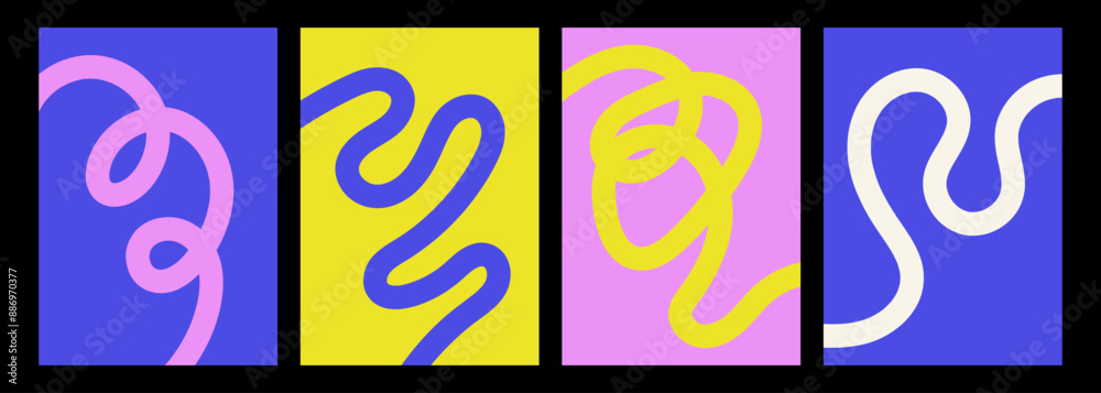 Abstract playful minimalistic background with wavy line. Poster with organic curvy curly stripe. Wave line art
