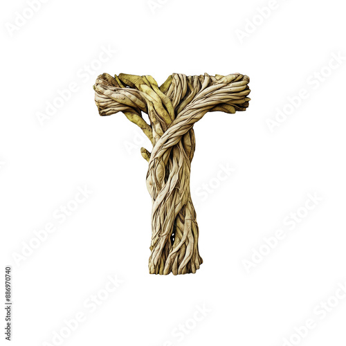 Letter T. Nature-Inspired Artstyle with old tree roots. Foresttheme. typography font, alphabet abc, isolated on transparent background png.