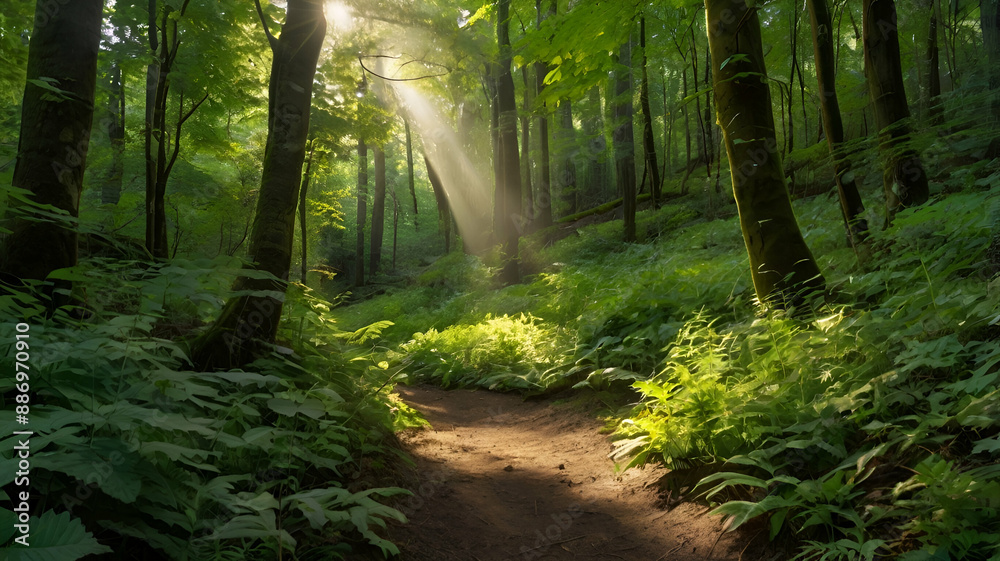 Fototapeta premium A_lush_forest_path_in_midsummer_with_sunlight_filtering
