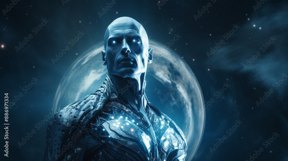 A superhero stands before a glowing moon A superhero stands before a glowing moon