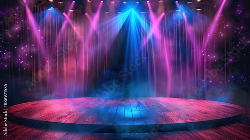 Theater stage light background with spotlight illuminated the stage.. Empty stage with bright colors backdrop decoration. Entertainment show.