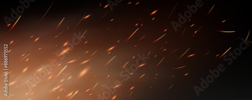 Burning hot sparks effect with embers burning ash and smoke flying in the air. Burning glowing particles. Flame of fire with sparks isolated on a black transparent background. Flame png.