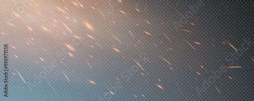 Burning hot sparks effect with embers burning ash and smoke flying in the air. Burning glowing particles. Flame of fire with sparks isolated on a black transparent background. Flame png.