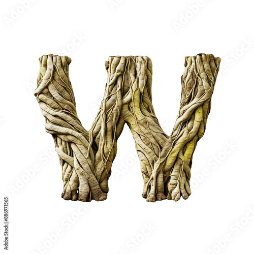 Letter W. Nature-Inspired Artstyle with old tree roots. Foresttheme. typography font, alphabet abc, isolated on transparent background png. photo