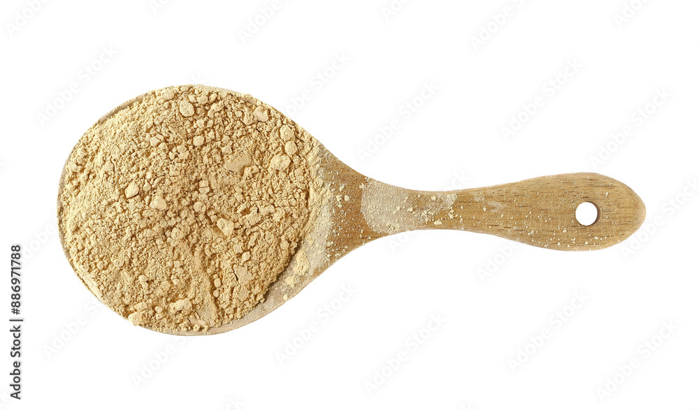 Black maca organic powder pile in wooden sppon isolated on white, top view Black maca organic powder pile in wooden sppon isolated on white, top view