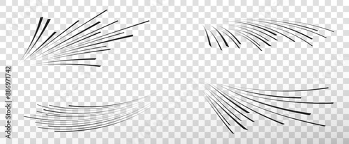 Set of black speed lines on a transparent background. Motion effect, speed lines for design. Vector png for comics.