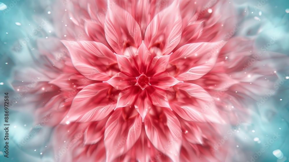 A pink flower, tightly framed against a backdrop of blue and white Light radiates from its heart, manifesting as ethereal bubbles A pink flower, tightly framed against a backdrop of blue and white Light radiates from its heart, manifesting as ethereal bubbles