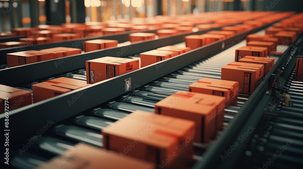 Top view of boxes on conveyor belt. Top view of boxes on conveyor belt.