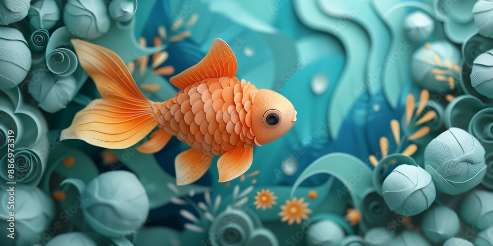 goldfish in pond, cute paper cut style illustration, nursery baby animal concept, goldfish in pond, cute paper cut style illustration, nursery baby animal concept,