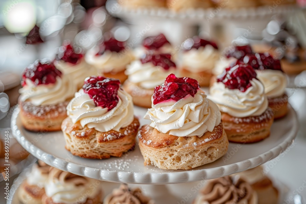 Scones with jam and cream floating elegantly Scones with jam and cream floating elegantly