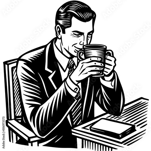 man drinking coffee at desk