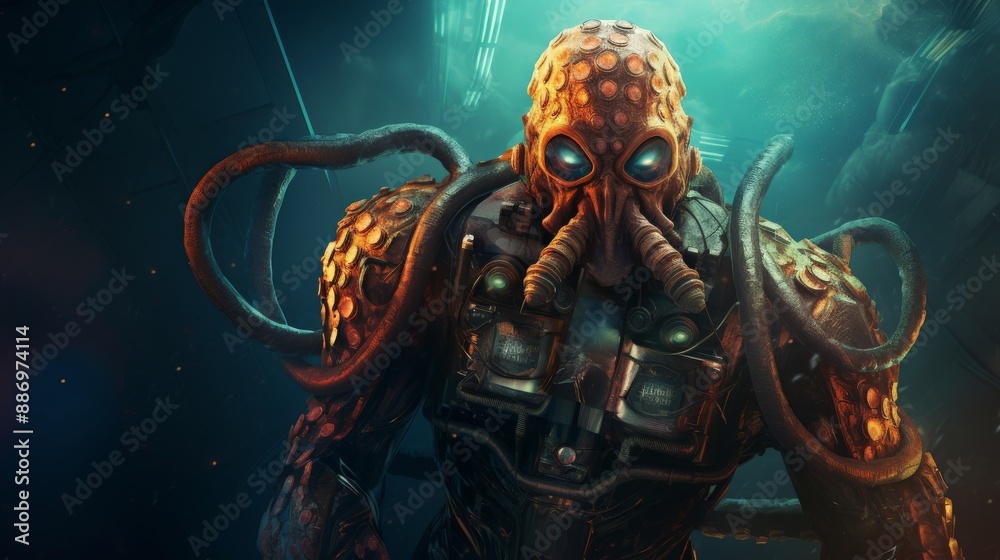 A monstrous figure with tentacles and a mask stares into the camera A monstrous figure with tentacles and a mask stares into the camera