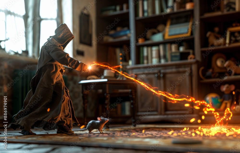 The witch is a doll, not a real person, practicing magic at home. The witch is a doll, not a real person, practicing magic at home.