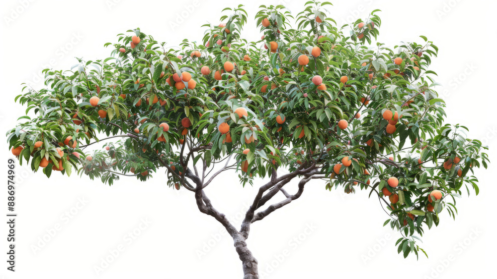 Peach Tree: A highly detailed and realistic photograph of a peach tree with green foliage and ripe peaches, against a completely white backdrop Peach Tree: A highly detailed and realistic photograph of a peach tree with green foliage and ripe peaches, against a completely white backdrop