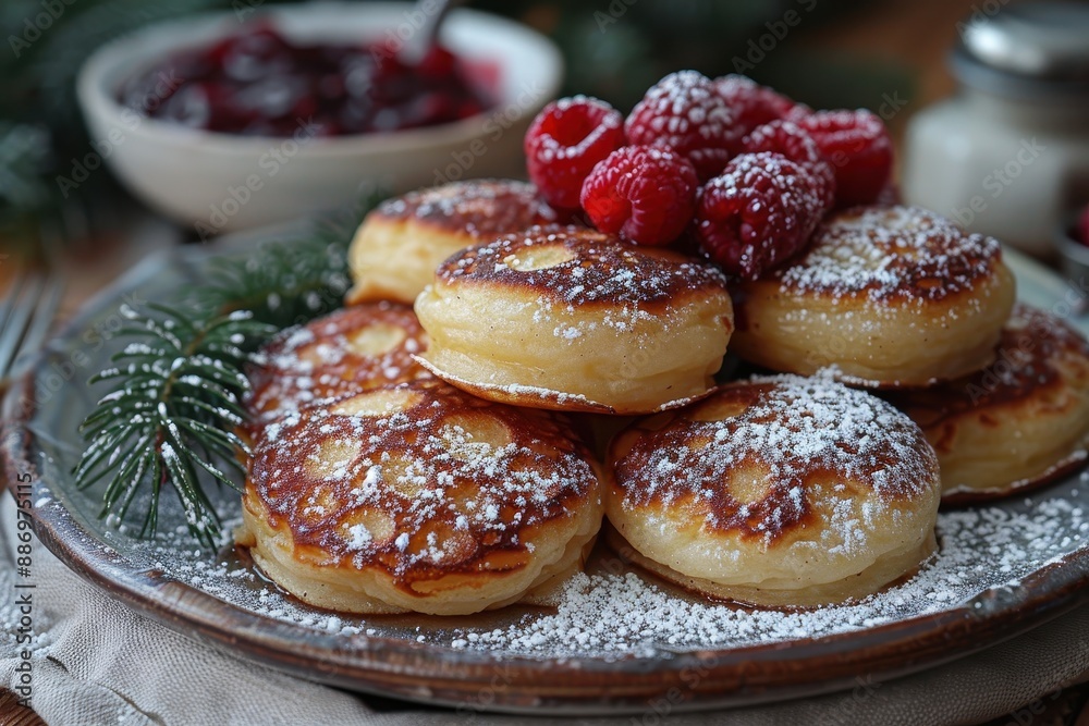 Denmark: Ableskiver Small, round pancakes filled with apples, dusted with powdered sugar, and served with raspberry jam Denmark: Ableskiver Small, round pancakes filled with apples, dusted with powdered sugar, and served with raspberry jam