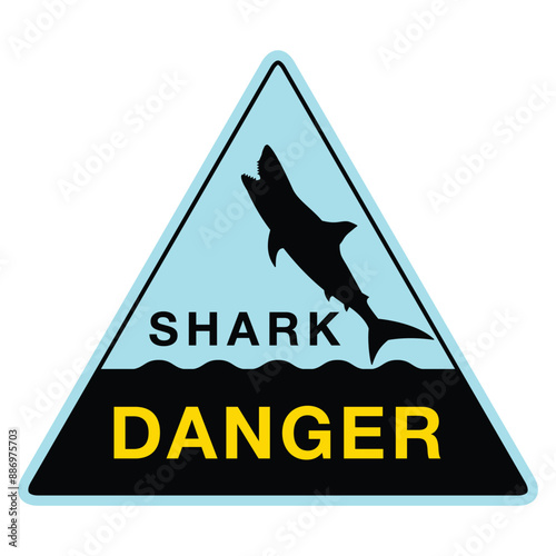 A triangular danger sign with a silhouette of a toothy shark. Vector in EPS format