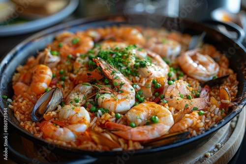 Seafood paella with rice and seafood 