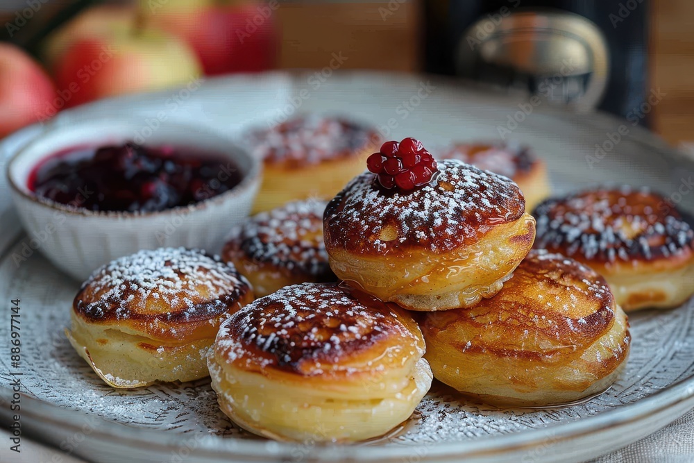 Denmark: Ableskiver Small, round pancakes filled with apples, dusted with powdered sugar, and served with raspberry jam Denmark: Ableskiver Small, round pancakes filled with apples, dusted with powdered sugar, and served with raspberry jam