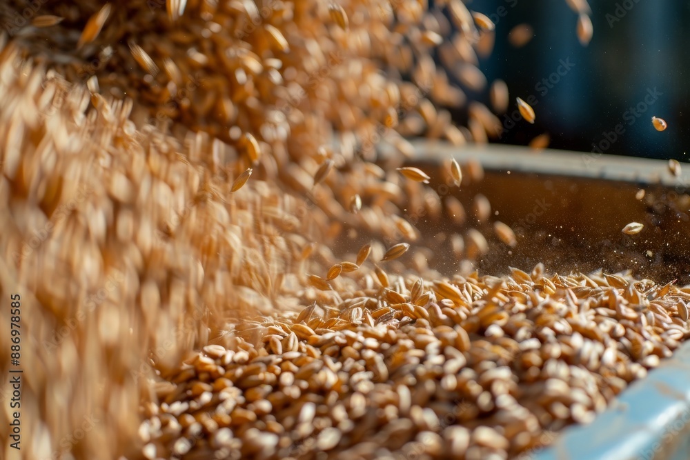 Obraz premium loading grain into a truck close-up. Soybeans are loaded for transportation. Concept of harvesting. Slow mo Close up. Beautiful simple AI generated image in 4K, unique.